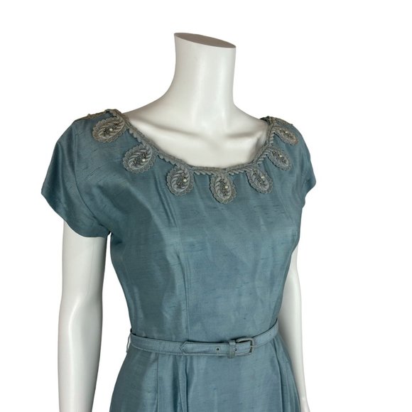 Vintage 1950s Dress Set Women's Small Faux Silk Blue Cocktail Outfit - Picture 6 of 15